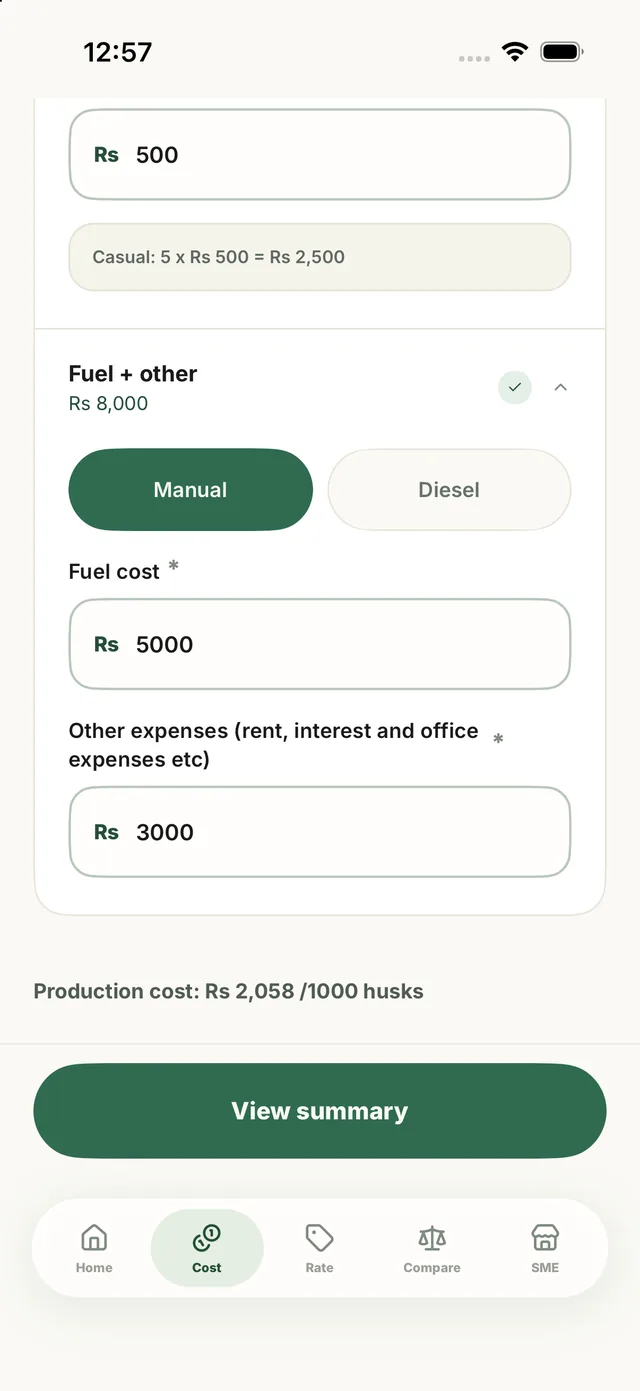 Cost screen filled in