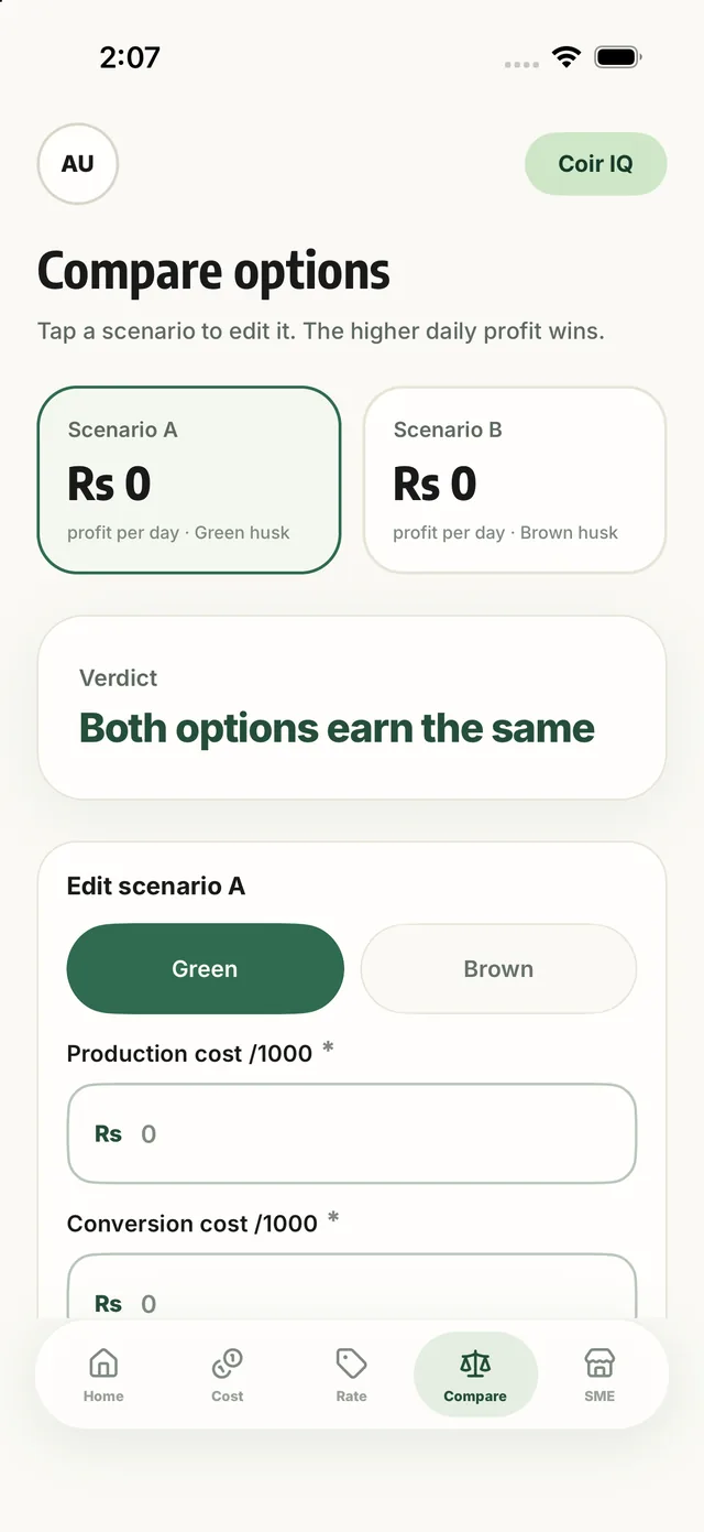 Compare screen with two scenario cards