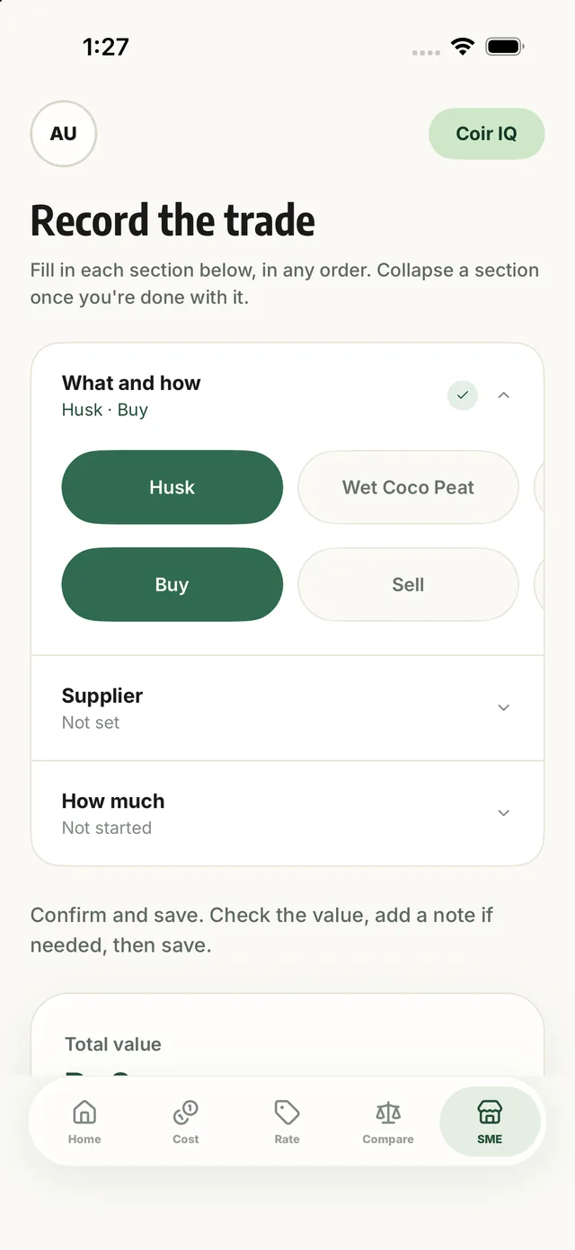 Trade entry with collapsible sections