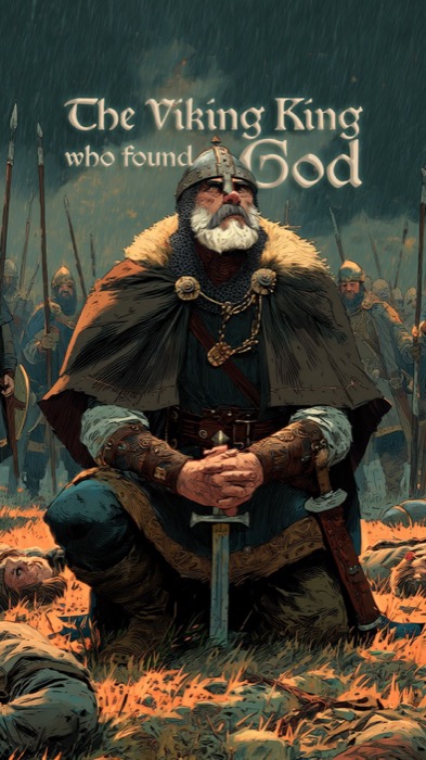 Reel cover: Viking king kneeling on a battlefield